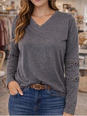 Boho Gray V-Neck Top w/ Crochet Sleeve Detail | Long Sleeve Casual Chic